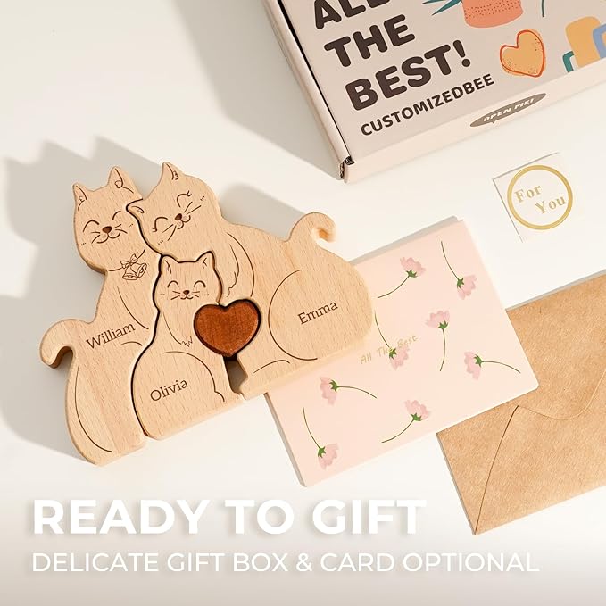 Wooden Mommy Cat Family Puzzle, Personalized Puzzles with 2-5 Names, Mothers Day Birthday Personalized Gifts for Mom Dad Grandma Kids Boys Girls Toddler, Christmas Thanksgiving Decor