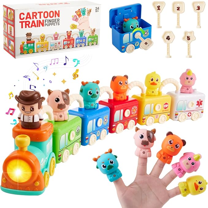 Montessori Toys Train Set for Toddlers 2-4 Year Old,Matching & Sorting Learning Train Set with Music & Light Including 6 Finger Puppets,Keys,Christmas Birthday Gifts for Baby Girls Boys 2+
