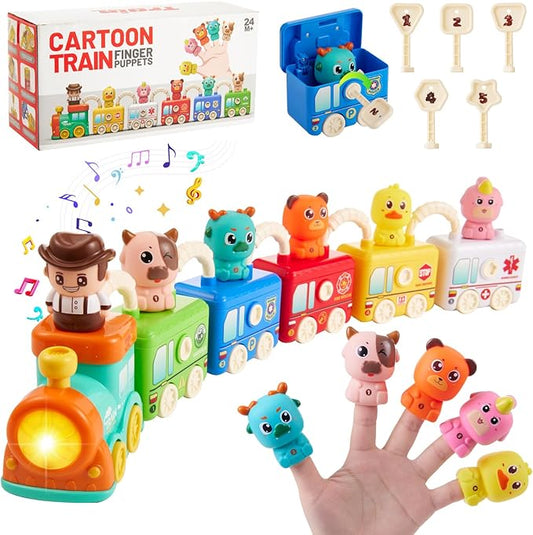 Montessori Toys Train Set for Toddlers 2-4 Year Old,Matching & Sorting Learning Train Set with Music & Light Including 6 Finger Puppets,Keys,Christmas Birthday Gifts for Baby Girls Boys 2+