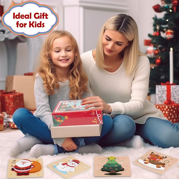Christmas Wooden Puzzles for Toddlers, Baby Jigsaw Puzzles for 1 2 3 Years-Old Boys and Girls, Set of 4 Montessori Toys with Large Pieces Safe for Kids