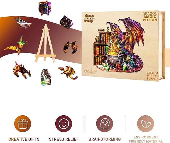 Wooden Puzzles for Adults -Dragon Magic Potion Wooden Jigsaw Puzzle, Unique Animal Shaped Wood Puzzles Adult, Christmas Birthday Gifts for Friends/Family, Home Decor 13.4 * 12.8in 300pcs