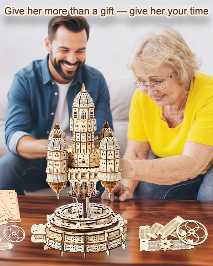 3D Wooden Puzzle for Adults – SkyCity Floating Castle Music Kit with LED Lights & Rotating Mechanism, DIY Mechanical Building Set, Hobbies Puzzle Models for Teens & Collectors