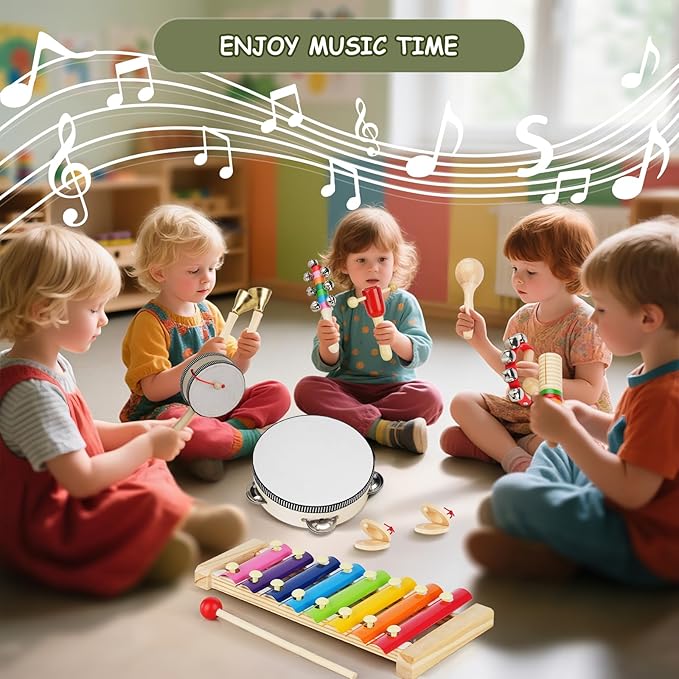Hayder Baby Musical Instruments Set, 12 Pcs Wooden Montessori Musical Toys for Toddlers 3+ Years Old, Kids Percussion Instruments Toy
