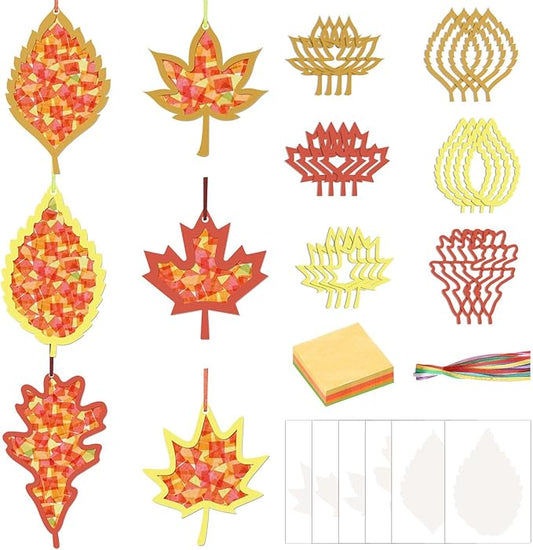 Zliisang 24PCS Make You Own Fall Crafts Kit Bulk Maple Leaf Paper Suncatchers DIY Kit for Autumn Thanksgiving Classroom Activities Decorations Window Stained Glass Effect Art Supplies
