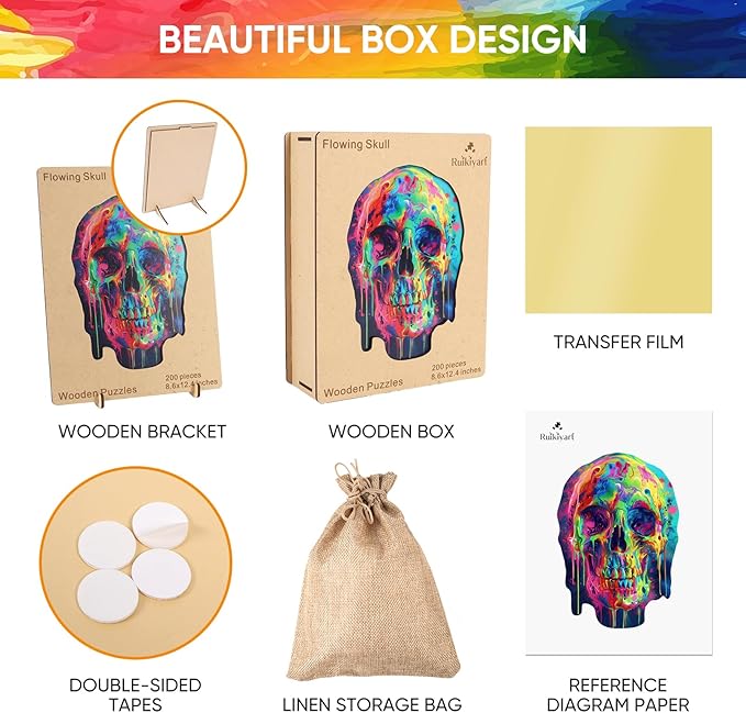 Ruikiyart Wooden Puzzles for Adults, 5MM 200 Pieces Skull Wooden Jigsaw Puzzle, Skeleton Puzzle Unique Shape Pieces Great Gift for Kids and Adults on Birthday, Halloween（8.6"x12.4"）