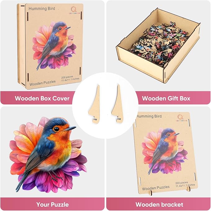 Wooden Puzzle for Adults, Hummingbird Jigsaw Puzzles 200 Piece, Unique Shapes Family Puzzle for Adults and Kids, Beautiful Package, Best Gift for Family Friends Medium 11.2x11.1in