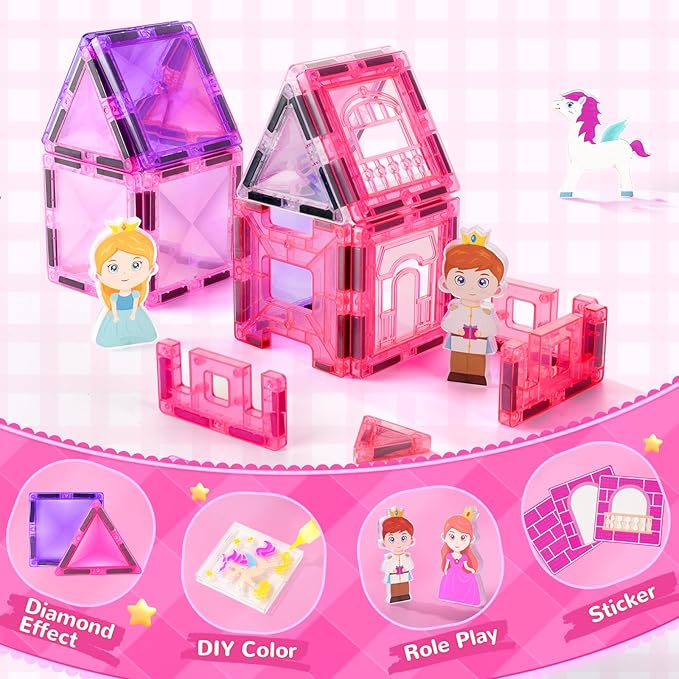 Diamond Magnetic Tiles Building Blocks – Princess Castle Pretend Play Toys with DIY Painting Set and Stickers for Kids 4 5 6 7 8 Year Old STEM Educational Birthday for Girls Boy
