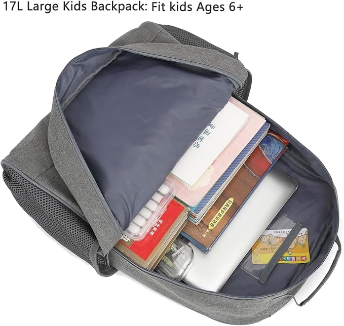 FlowFly Kids Backpack for Toddler Boys Girls, Simple Lightweight Bookbag for Daycare Kindergarten Elementary School Travel, Small Modern Bag (Large), Grey