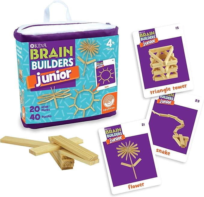 MindWare KEVA Brain Builders Set of 2: Original KEVA Brain Builders and KEVA Brain Builders Junior – Great Addition to STEM Building Toys and Classroom Games – 40 Planks & 70 Puzzles Total