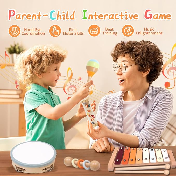 Toddler Musical Instruments Sets, Montessori Wooden Percussion Educational Baby Musical Toys Xylophone Maracas Tambourine for Kids, 2 3 4 Year Old Girls Boys Birthday Gifts