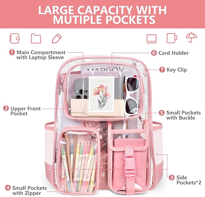 Attmu Pink Clear Backpack, Heavy Duty PVC Clear Bag for Stadium Events, Transparent Backpack with Reinforced Straps & Stitches for Girls Boys, Large Capacity Bookbag for School, Travel, College, Work