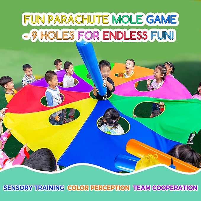 10 FT Rainbow Play Parachute Mole Game with 9 Holes, Indoor/Outdoor Fun for Kids, Families, Schools, Includes 3 Inflatable Sticks & 1 Pump, Perfect for Team Building, Group Activities