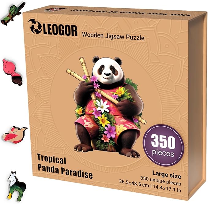 LEOGOR Wooden Puzzles for Adults – 350 Piece, 14.4 x 17.1 in Extra-Thick 5mm Wood Puzzles Adult, Animal Shaped Large Mosaic Jigsaw, Tropical Panda Paradise, Unique Hand-Drawn Pieces