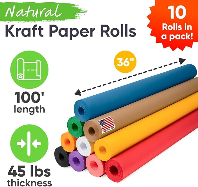 36" x 1200" (100 ft) Pack of 10 Rolls USA-Made Multi-Color Kraft Paper, 45 lbs/66 GSM – Colored Kraft Paper for Packing, Crafts, DIY Projects, Gift Wrapping – Non-Toxic, Safe for Kids
