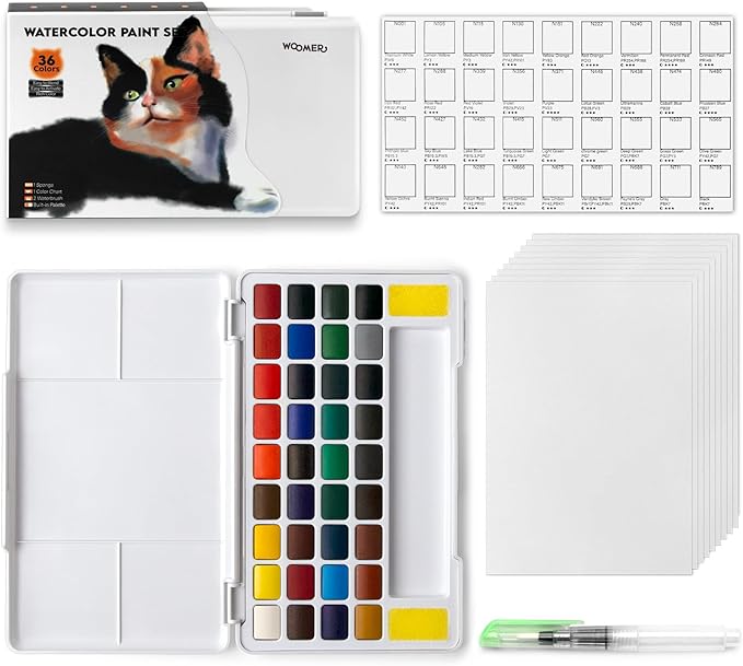 Woomer Watercolor Paint Set, 36 Vibrant Colors with Water Brush & 10 Premium Cotton Watercolor Papers (32K), Perfect for Beginners, Students, Hobbyists and More