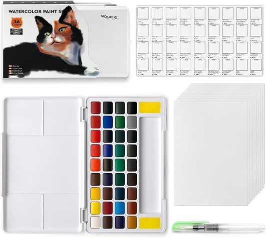 Woomer Watercolor Paint Set, 36 Vibrant Colors with Water Brush & 10 Premium Cotton Watercolor Papers (32K), Perfect for Beginners, Students, Hobbyists and More