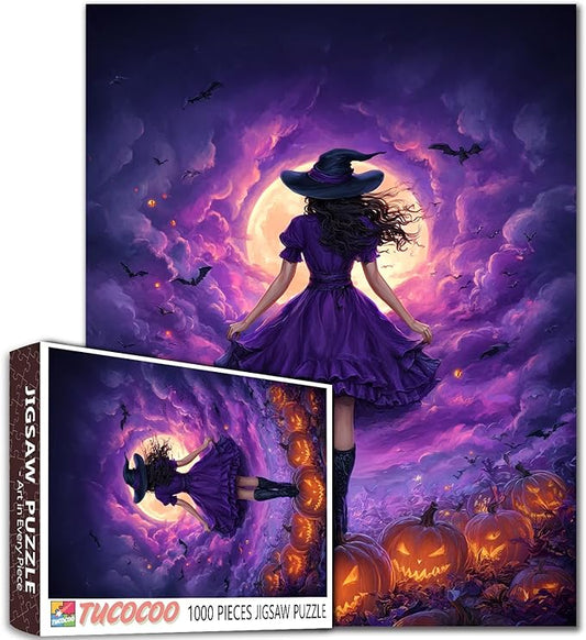 Halloween Witch Puzzle 1000 Pieces for Adults Pumpkin Field Full Moon Night Sky Jigsaw Puzzle Spooky Fall Aesthetic Challenging Puzzles for Women Men Teens Halloween Purple Art Home Decor Gift