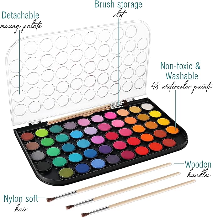 Watercolor Paint Set- Premium 48 Watercolor Paint with Watercolour Book, Water Color Palette and 3 Paintbrushes. Great Water Colors for Adults and Kids