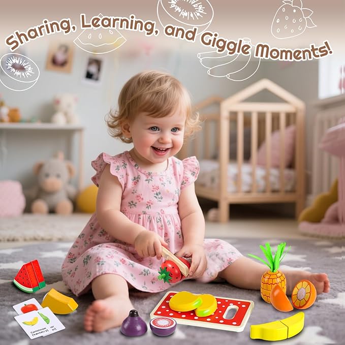 35PCS Wooden Play Food for Toddlers 1-3, Pretend Food Toys Play Kitchen Accessories with Storage Basket, Learning Cards, Cutting Food Fruits Toys Montessori Toys Gift for Kids Girls Boys Age 3 4 5 6