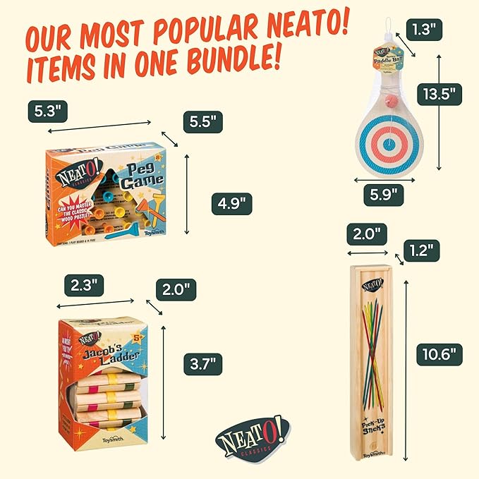Neato Wood Toys Bundle – Includes Classic Wooden Peg Game, Jacob's Ladder Puzzle, Pick-Up Sticks, and Bounce-Back Paddle Ball – Fun Retro Games for Kids & Adults – Perfect for Travel & Family Play