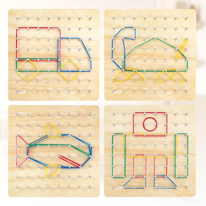 HEELWIRE Wooden Geoboard,Montessori Toy,Graphical Mathematical Education Toy for Kids with Pattern Cards and Rubber Bands to Figures and Shapes, Brain Teaser STEM Toy Geo Board., Plus 7*7*0.6in