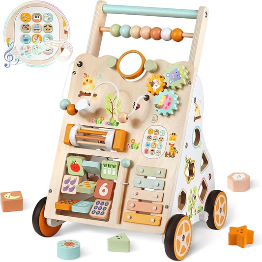 Baby Push Walker, Wooden Baby Walker with Wheels, Montessori Activity Center for 1 Year Old Boys Girls, Adjustable Speed & Height Push Toy for Toddlers, Educational Gift for Ages 1+ Kids Development