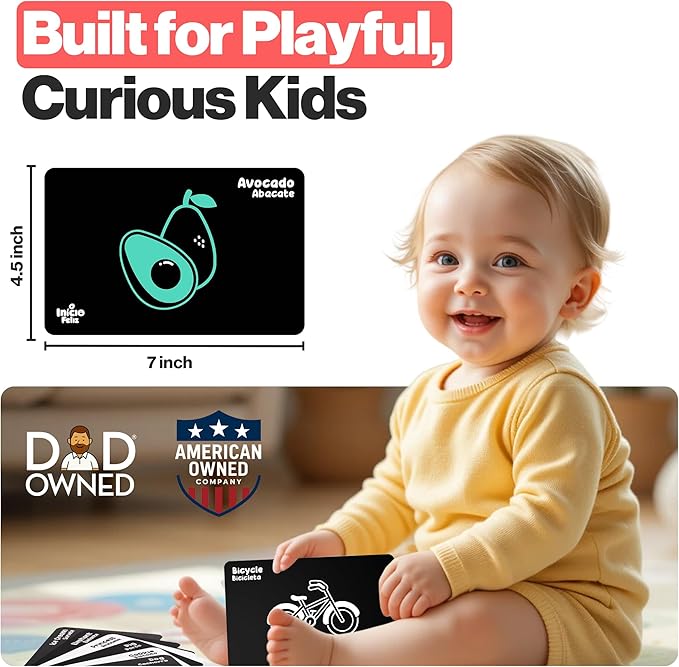 Happy Start High Contrast Baby Cards for Newborns - Black & White Cards, Water-Resistant, BPA-Free, Portable Educational Flashcards for Visual Stimulation, Award-Winning, Ages 0+(English & Portuguese)