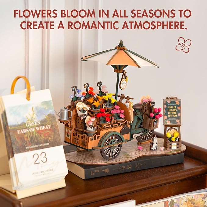 ROBOTIME 3D Puzzles for Adults DIY Model Kit to Build Floral Cart Wooden Puzzle Craft Kit Toy Hobby Gift Home Decor