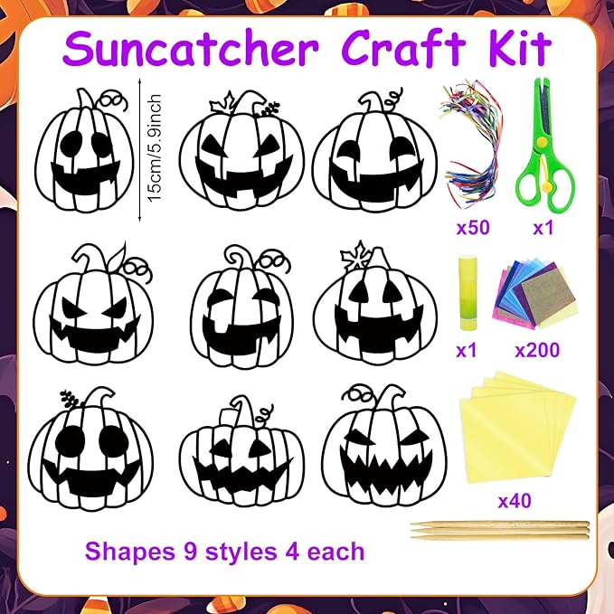 EggSun 36 Sets Halloween Pumpkin Suncatchers Craft Kit for Kids Ornaments Stained Glass Effect Window Arts and Crafts Kit for Classroom Holiday Birthday Projects Home Party Favors Decorations Ages 4 8
