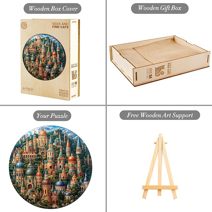 Wooden Puzzles for Adults, Wooden Jigsaw Puzzles for Adults-Seek and Find Cats, Castle Unique Shaped Wood Puzzles Adult, Birthday Gifts for Friends Family Game, Home Decor (11.4 * 11.4in 200pcs)