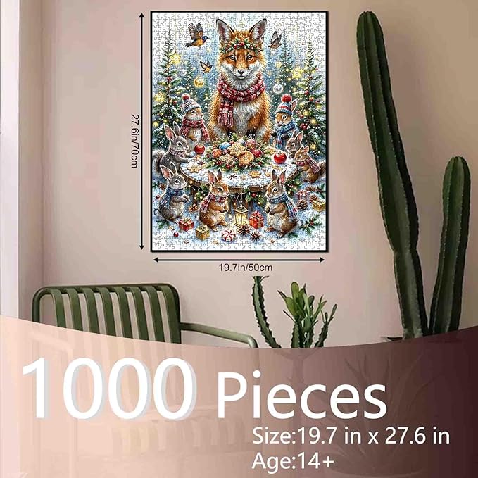 Christmas 1000 Piece Jigsaw Puzzles for Adults Animal Fox,Rabbit Painting Jigsaw Puzzle 1000 Christmas Gingerbread Puzzles 20''x27”inch Xmas Trees Craft Puzzle Art Wall Decor Family Challenging
