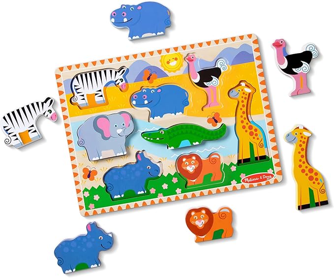 Melissa & Doug Safari Wooden Chunky Puzzle with Wild Animal Theme (8 Pcs) Wooden Puzzles for Toddlers Ages 3+ - FSC Certified