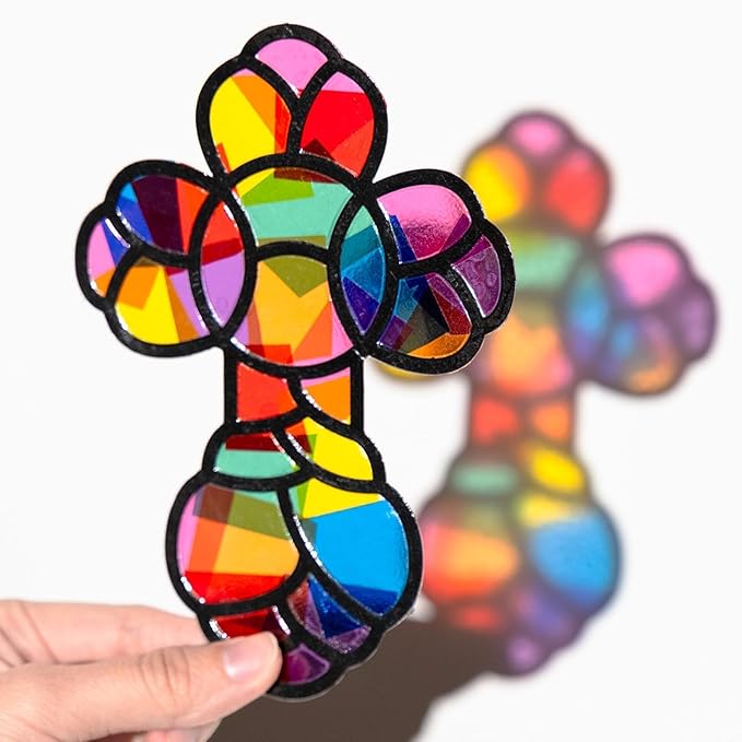 EggSun 36 Sets Cross Suncatchers Craft Kit for Kids Ornaments Stained Glass Window Arts and Crafts Kit for Sunday School Holiday Birthday Supplies Home Christian Decorations Ages 4 8 12
