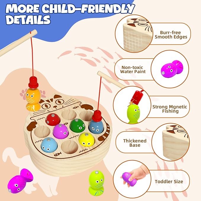 Wooden Magnetic Fishing Game for Toddlers 1-3, Montessori Sensory Busy Board Fine Motor Skills Toys for 1 2 3 Years Old Boys Girls