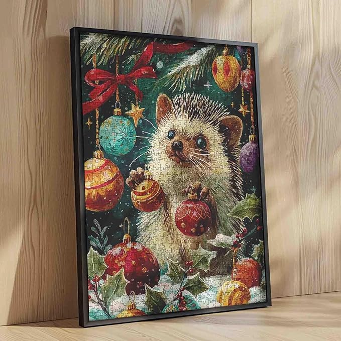 Merry Christmas 1000 Piece Jigsaw Puzzles for Adult Hedgehog Playing with Xmas Balls Painting Jigsaw Puzzle 1000 Animal/Wildlife Puzzles20''x27”inch DIY Craft Puzzle Art Wall Decor Family Challenging