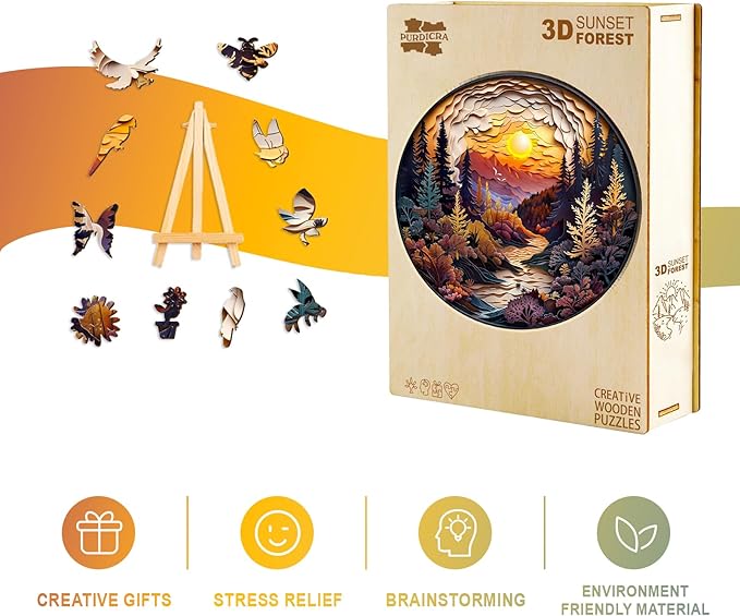 Wooden Puzzles for Adults - Unique Animal Shaped Sunset Forest Puzzle, 3D Vision Wooden Jigsaw Puzzle, Christmas Birthday Gifts for Friends/Family, Home Decor 8.5 * 8.5in 100pcs