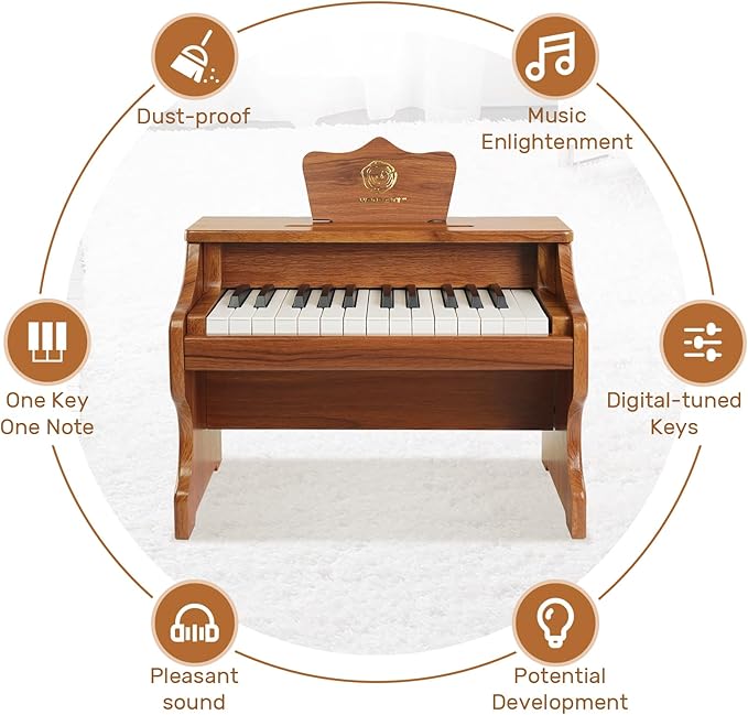 Wood City Wooden Piano Toys (25 Keys) Mini Music Educational Instrument Toy Toddler Baby Kids Piano Keyboard with Music Stand and Color Coded Keyboard Stickers for 3-7 Year Old