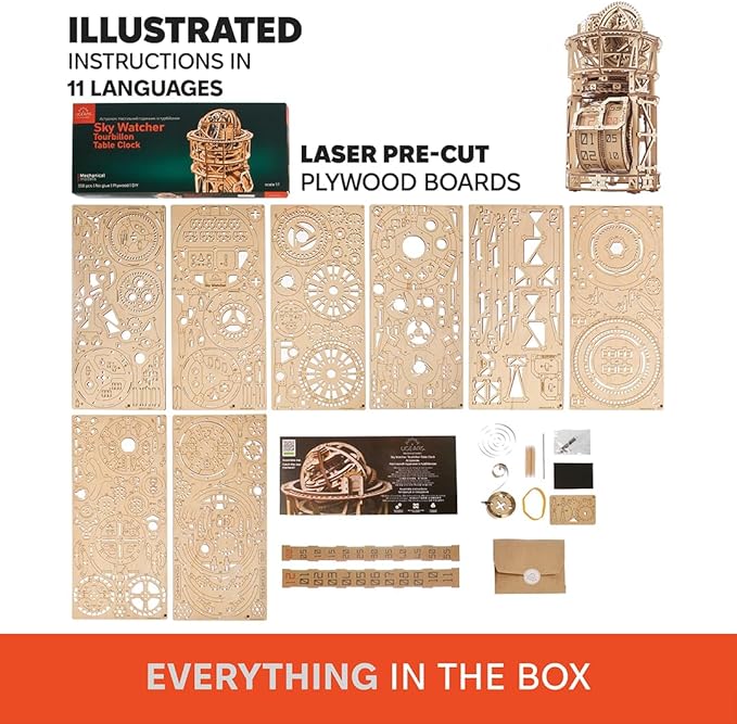 UGEARS Wooden 3D Puzzles for Adults - Astronomer Table Clock with Tourbillon Model Kit - Mechanical Clock Kit Functional DIY Miniature Kit Wood Crafts for Adults - Gifts For Puzzle Lovers - 338 Pieces