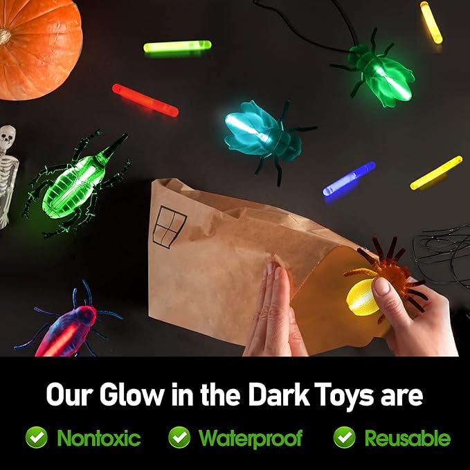 Glow Critters for Halloween Party Favor, Glow in The Dark Toys Set for Kids, School Classroom Game Rewards, Trick or Treating Goodie Supplies, Halloween Miniatures/Prizes,20 Critters 40 Glow Sticks