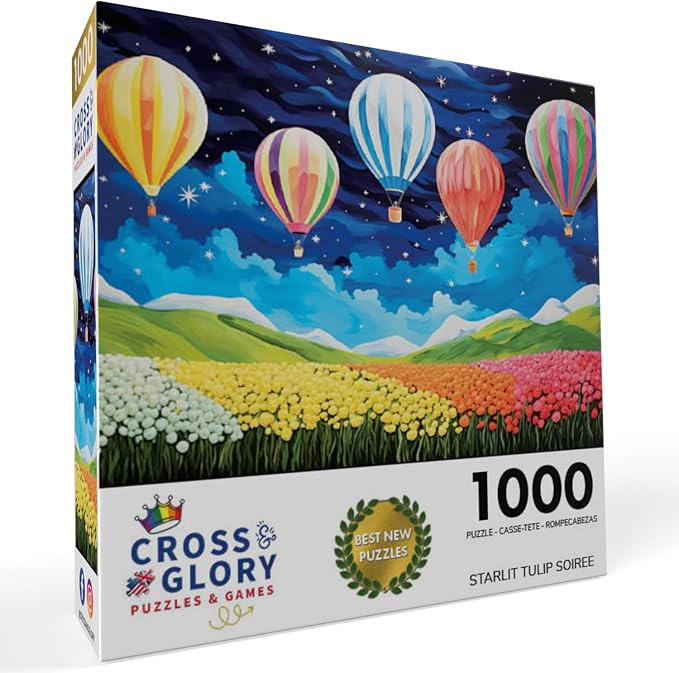 Cross & Glory - Starlit Tulip Soiree - 1000 Piece Jigsaw Puzzle for Adults | Moonlit Floral Scene with Hot-Air Balloons | Vibrant Colors