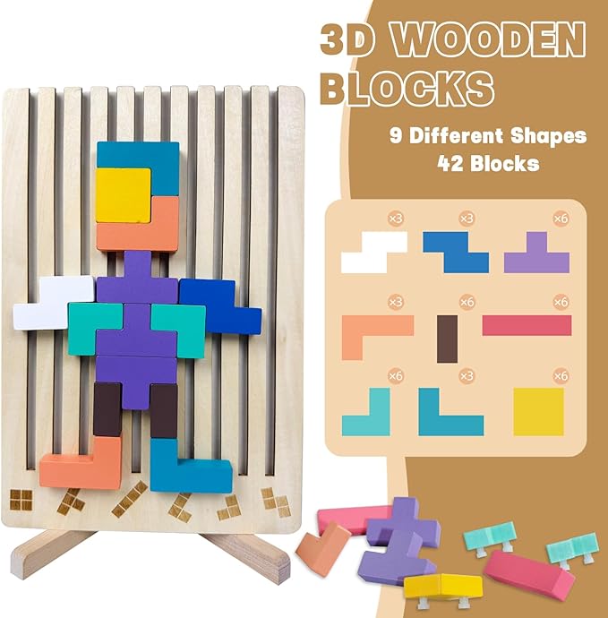 Wooden Stacking Puzzle Toy,3D Wooden Montessori Puzzles Toy,Giant Russian Block Game,Puzzle Board for Kids Jigsaw Puzzle Toddlers Brain Teasers for Kids 4-6 Years