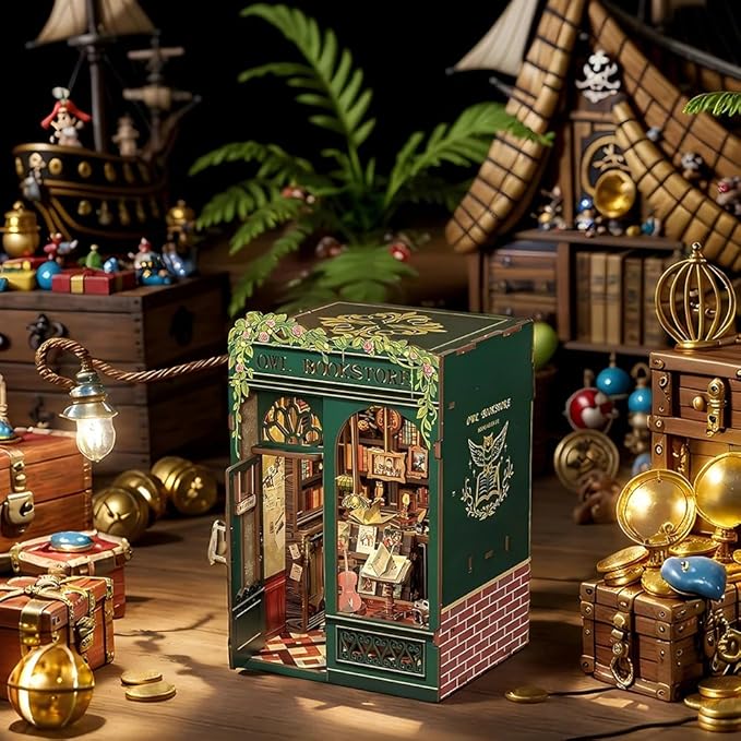 Cutefun Book Nook Kit - DIY Miniature House Kit for Bookshelf Decor, Book Nook Kits for Adults & Beginners, 3D Wooden Puzzle Dollhouse, Ideal Gift for Family and Friends (OWL Bookstore)