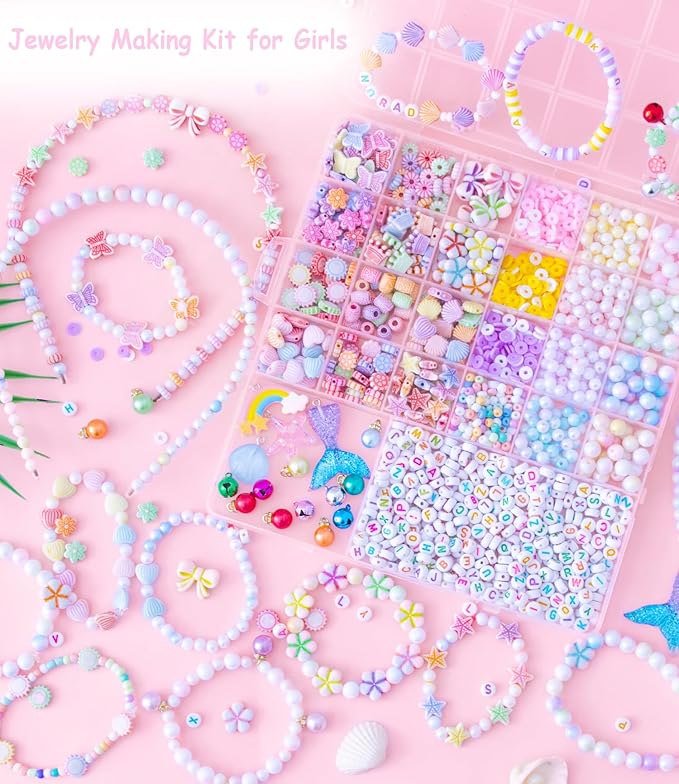 Danrun Bracelet Making Kit for Little Girls, Arts and Crafts for Kids Ages 6-8 for Making Jewelry, Mermaid Birthday Gifts for Girls Ages 5 7 9 10 11 12 - Cute Beads for Kids Toy Jewelry (Pink)