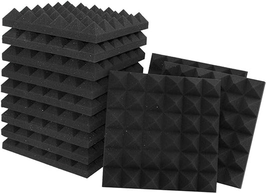 Acoustic Panels - 12 Pack 12x12x2 Inches Black Pyramid Acoustic Foam, Fire-Proofed Soundproof Wall Panels, 25kg/cbm Sound Proof Foam Panels ， Sound Panels for Recording Studio and Music Room
