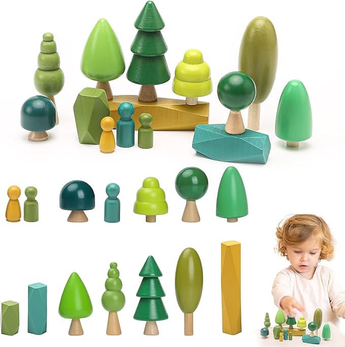 JETMHH Wooden Tree Toys Balancing Stone Blocks | Wooden Sorting Stacking Balancing Stone Rocks for Toddlers 3+ | Lightweight Colorful Educational Toys (Forest)