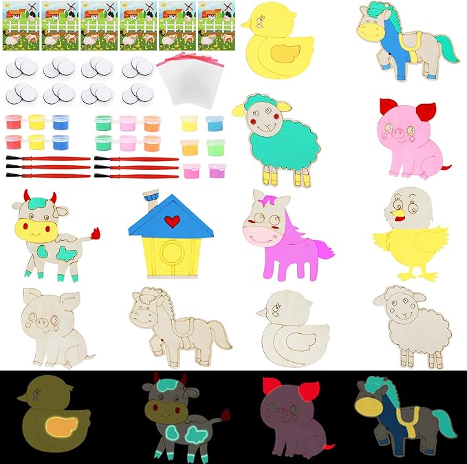LARDUX Farm Animal Party Favors, 24PCS DIY Wooden Arts & Crafts Painting Kit for Kids Ages 4-8 8-12, Glow in The Dark Party Favors Family Crafts Birthday Party Christmas Gifts Toys for Boys Girls