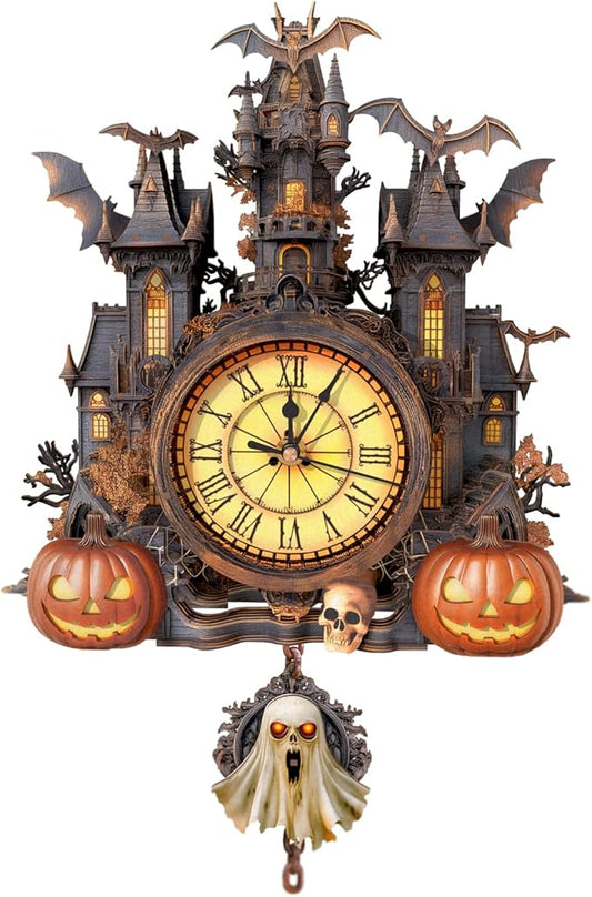 3D Puzzle for Adults Clock - Halloween Hut Clock Design Model Kit-Mechanical DIY Pendulum Clocks with Roman Numerals-Desk Home Office Decor Personalized Gift for DIY Lovers