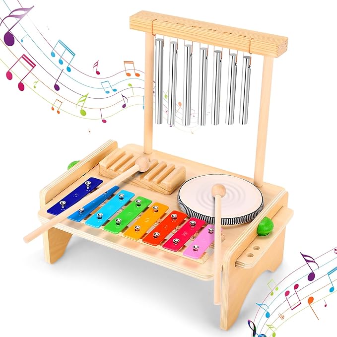 Kids Drum Set for Toddlers, Montessori Musical Instruments Toys, Toddler Drum Set Wooden Xylophone Musical Toys Birthday for Children Boys and Girls