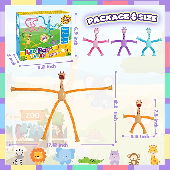 Sensory Fidget Toys for Kids : 4 Pack LED Giraffe Telescopic Pop Tubes 3 4 5 6 7 8 Year Old Girls Boys Halloween Birthday Gifts Toy for Kid Ages 3-5 Autism Toddler Travel Toy Party Favors