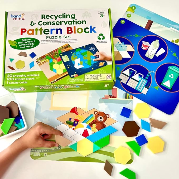 hand2mind Recycling and Conservation Pattern Block Puzzle Set, Tangram Puzzle, Geometric Shapes for Kids, Pattern Blocks Cards, Pattern Play, Toddler Battern Blocks, Kindergarten Learning Activities